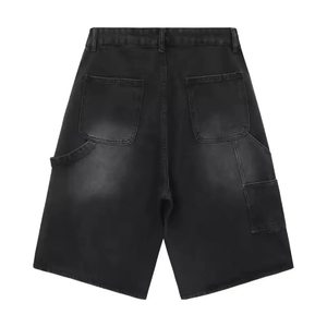 Pantalones cortos de mezclilla cargo de cintura alta para hombre, con remaches y detalles de parches, estilo desgastado, corte holgado, para verano, casual, streetwear, negro y morado. - Product Image 4