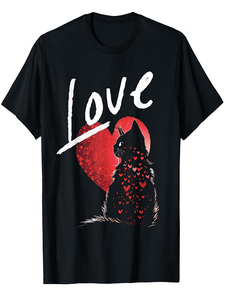 T-Shirt per Amanti dei Gatti Neri per San Valentino, 100% Cotone, Collo Tondo, Manica Corta, Stampa su un Lato, Stile Casual da Uomo - Product Image 1