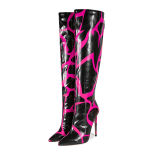 Big Size 47 Thin <b>High</b> Heels Wide Fit Long Boots Back Zipper Dress Shoes Women's Casual Pattern Print <b>Knee</b> <b>High</b> Booties - Product Image 1