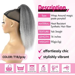 Langer, glatter, hitzebeständiger synthetischer Pferdeschwanz-Aufsatz für Damen, 16 Zoll, Grau, mit Klettverschluss - Product Image 2