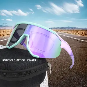 Kacamata hitam bersepeda ungu polarisasi pria, satu buah bingkai besar Logo kustom kualitas 2024