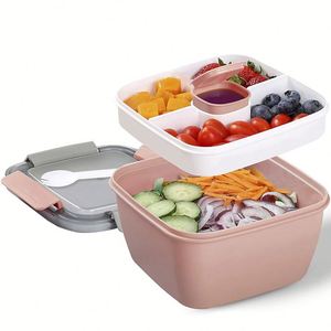 BPA-Free 3-compartments Bento Lunch Box 2-layer Microwave Dishwasher Safe <b>Plastic</b> Salad <b>Container</b> Box for Meal Prep - Product Image 5