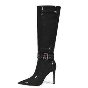 Bottes longues à talon aiguille brillant taille 47, ajustement large, avec boucles métalliques, pour femme - Product Image 2