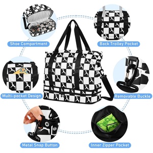 กระเป๋าโท้ท 2 in 1 ลายตารางหมากรุกสีดำขาว ชุดกระเป๋าเดินทางแบบดัฟเฟิล 2 ชิ้น ลายพิมพ์นกอิวาแบบกำหนดเอง กระเป๋าเดินทางสำหรับออกกำลังกายพร้อมกระเป๋าเล็ก - Product Image 5