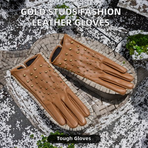 Wholesale <b>Ladies</b> Sheepskin <b>Leather</b> <b>Gloves</b> with New Fashion Gold Studs Plain Style for Cycling Outdoor Sports - Product Image 2