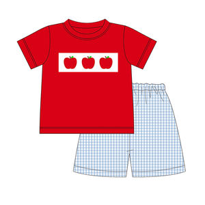 Robe de fille de retour à l'école avec broderie de pomme, jupe à carreaux bleue, robe de boutique - Product Image 2