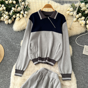 Conjunto de Dos Piezas para Mujer, Estilo Retro, Bloques de Color, Solapa, Manga Larga, Tejido de Punto, Top con Pantalones Casuales de Cintura Alta - Product Image 3