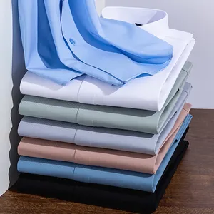 Camicie da <span class=keywords><strong>uomo</strong></span> con elastico modale a manica lunga abito formale da ufficio traspirante bianco <span class=keywords><strong>nero</strong></span> senza rughe tinto in filo per la stagione autunnale - Product Image 2