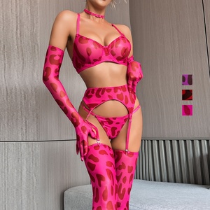 Gran oferta, tela de satén, liguero femenino de 5 piezas, conjunto de lencería con aros, estampado de leopardo Ins, encaje bordado de estilo japonés Sexy para mujer - Product Image 3