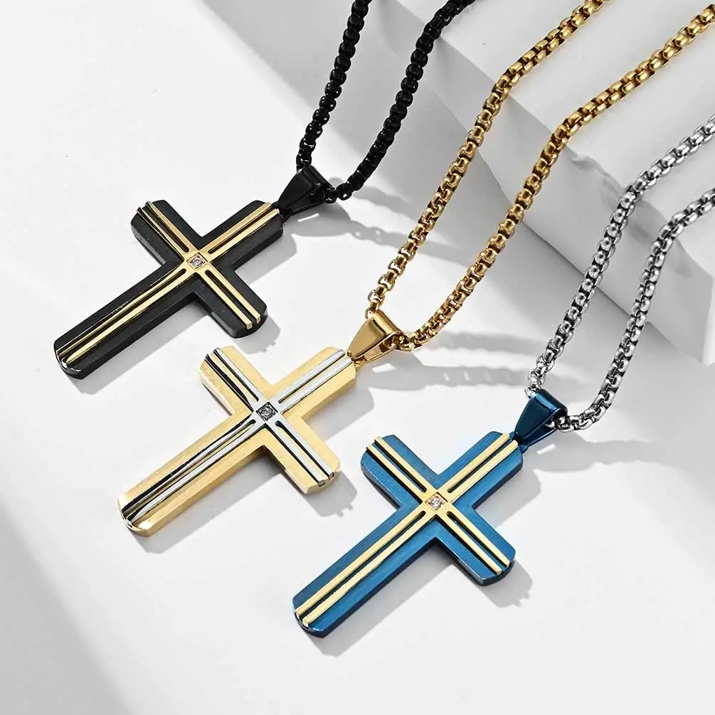 Two Tone Silver 18k Gold Plated Titanium Waterproof Cross Necklace Religious Black Blue Cross Necklace for men Stainless Steel
