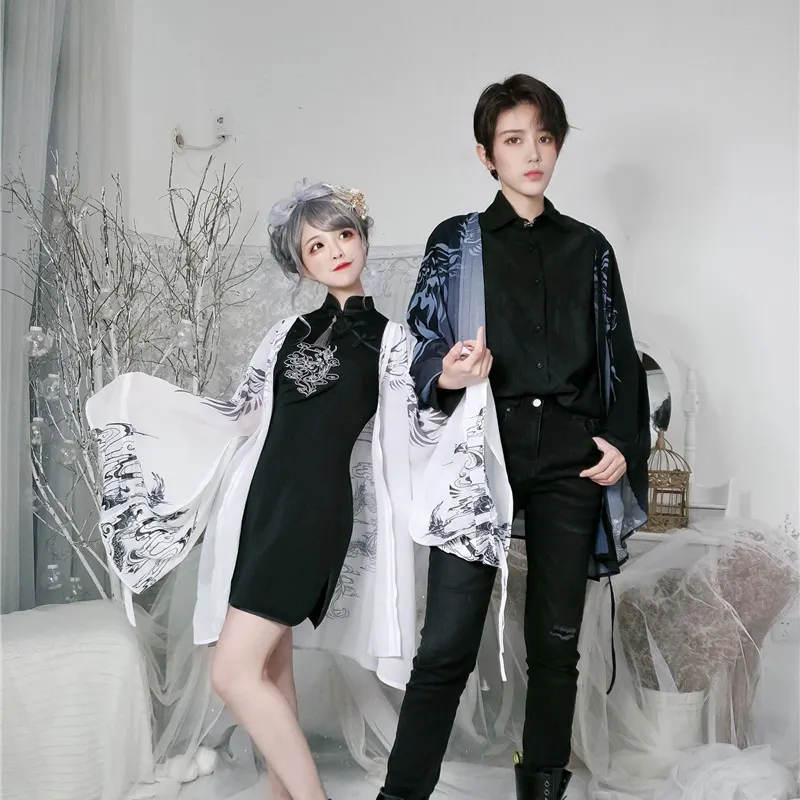 Chiffon Anime Custom Couple Printing Long Haori Black White Cardigan Bathrobe Costumes Japanese Kimono