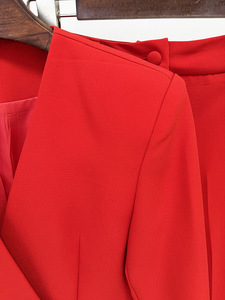 2025 Designer Inspired Solid Pattern Ensemble for Women Red Ruffled BlazerJacket <b>Set</b> with Flared Pants Office Lady Style - Product Image 5