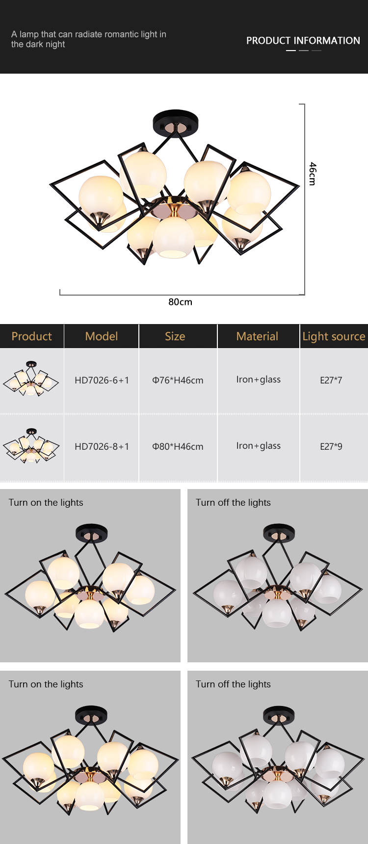 High Brightness Living Room Bedroom Glass Iron Modern E27 Chandelier Light