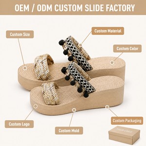Sandalias de cuña ligeras antideslizantes de EVA personalizadas para mujer con correas de <span class=keywords><strong>yute</strong></span> tejidas, pompones negros estilo bohemio y cuerda trenzada. - Product Image 2