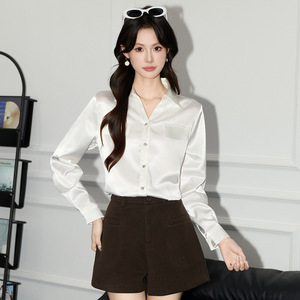 White <b>Satin</b> Long Sleeve Shirt For Women Office Wear Solid Color Elegant <b>Blouse</b> Polyester Fabric Q9841.9842 - Product Image 3