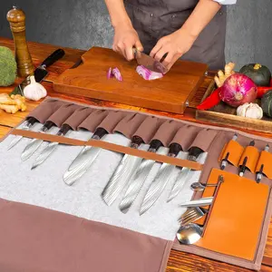 Benutzer definierte Premium tragbare 14 Taschen Hoch leistungs leder gewachste Leinwand Kochmesser Tasche Messer Rollt asche