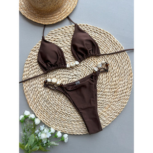 <span class=keywords><strong>Ensemble</strong></span> de bikini micro brésilien uni pour femme, maillot de bain sexy 2 pièces avec string et haut halter pour l'été, la plage et les vacances - Product Image 1
