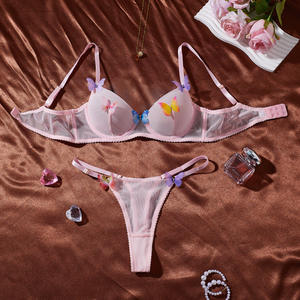 Franse stijl meisjes bh en slip van roze mesh, transparant, dun lingerie set met kousenband, 3-delig lingerie set, sexy damesondergoed - Product Image 2