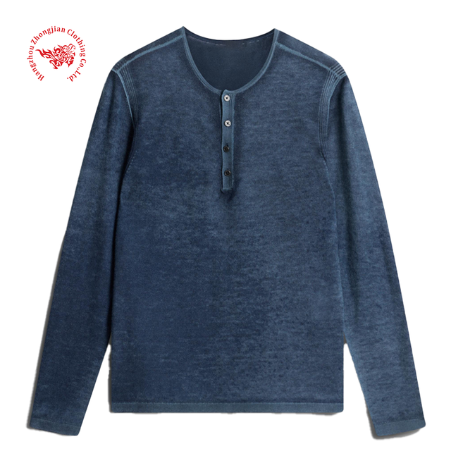 Men's Knit 100% Cotton Henley, Enzyme Washed Casual Long Sleeve Knitwear