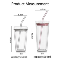 Gobelet à eau réutilisable en verre borosilicate haute résistance, à double paroi, avec couvercle en silicone et paille en verre
