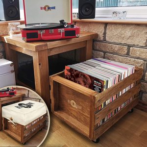 Retro Music Wooden LP Vinyl Record Storage Crate on Wheels Holds up to 100 albums with Hessian Cloth Cover