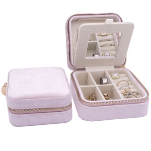 High quality Portable Travel Joyero Organizador Box Ring Earring Necklace Pink Velvet Jewelry Box Mirror
