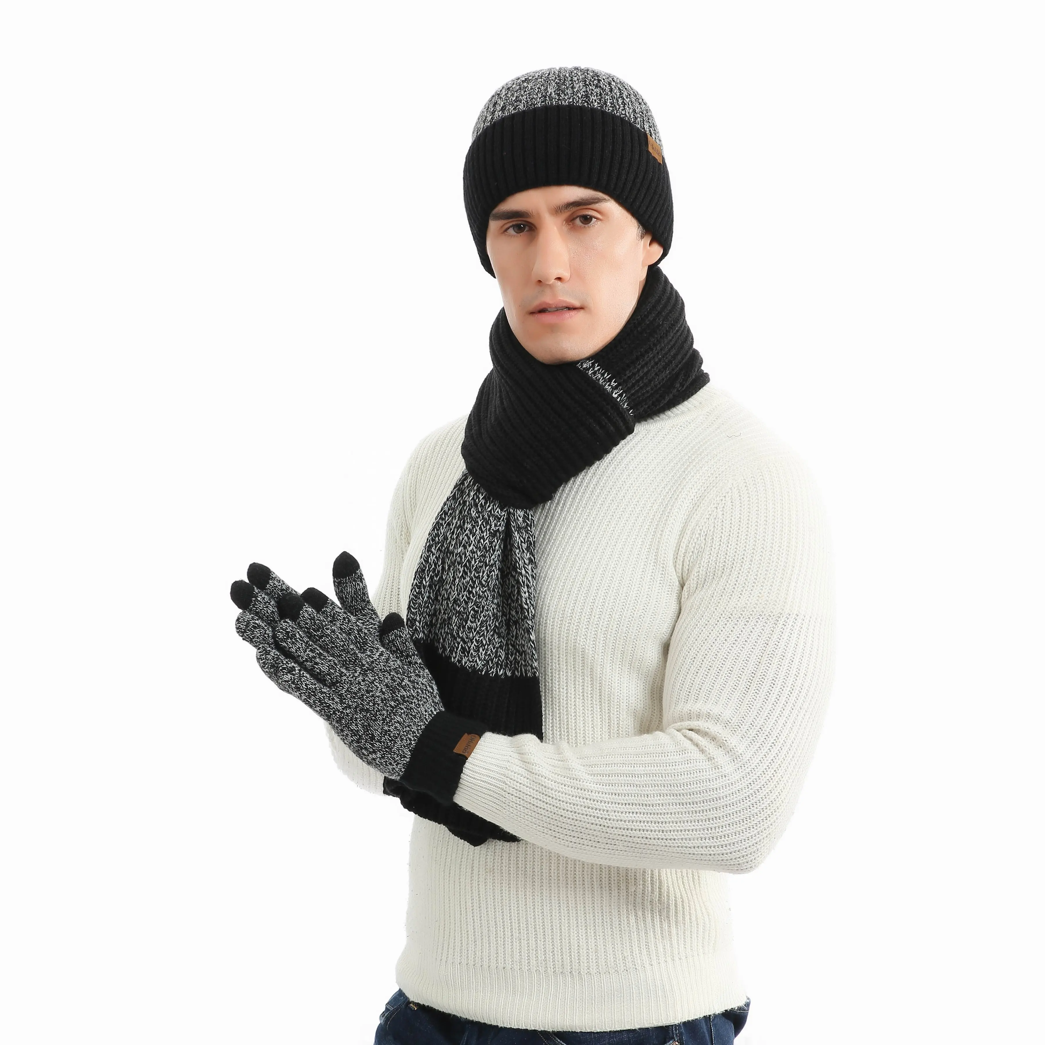 Ensemble d'écharpes d'hiver de haute qualité, bonnet écharpe assorti à rayures verticales pour hommes et femmes