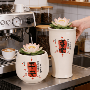 กระถางดอกไม้เซรามิกสัญลักษณ์ทางอภิปรัชญา "สันติภาพและความสุข" กระถางดอกไม้ขนาดเล็กสำหรับตกแต่งบ้าน ห้องนั่งเล่น สำนักงาน - Product Image 6