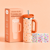 Tasse isotherme Everich 40oz en acier inoxydable avec poignée, nouvelle décoration autocollante DIY, et couvercle à paille 2-en-1