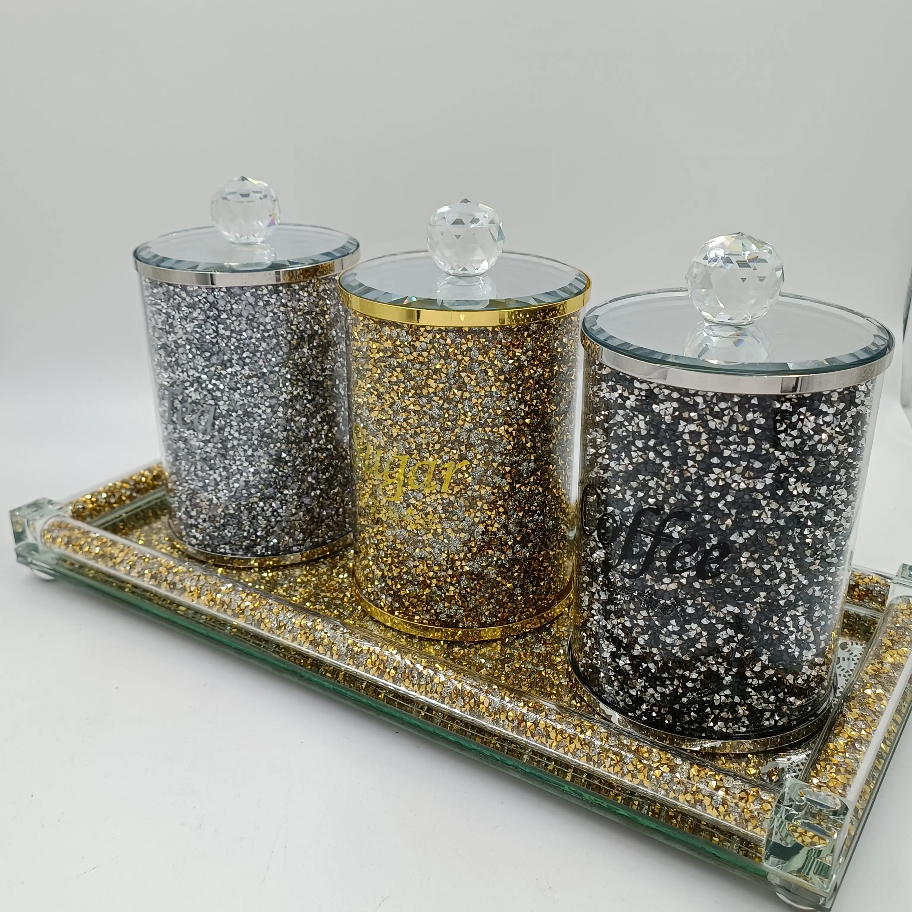 FOSUN Lot de 3 boîtes de conserve en verre Sparky avec diamants concassés pour sucre, café et thé, ensembles de contenants de stockage luxueux de style diamant