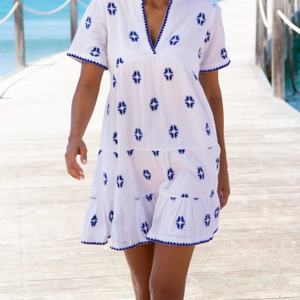 Vestido de Lino y Algodón Bordado Personalizado, Elegante, Cuello en V, Casual, Corte en A, Manga Corta, Midi, Vestido de Verano para Mujer - Product Image 4