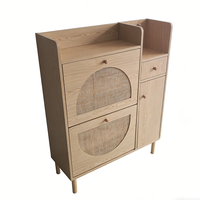 Meuble à chaussures moderne en rotin tressé avec 1 tiroir et 1 porte, double tiroir rabattable, pour l'entrée de la maison, le couloir, meuble de rangement en bois