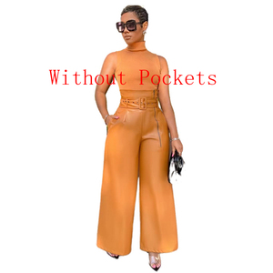 2022 elegante giallo nero con cintura a vita alta <span class=keywords><strong>pantaloni</strong></span> <span class=keywords><strong>in</strong></span> ecopelle a gambe larghe da donna - Product Image 2