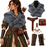 Ensemble de costume médiéval Viking Celtique, écharpe tricotée, pochette en cuir avec clés squelette, protège-bras, tenue de cosplay Renaissance