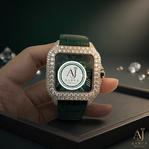 Montre à quartz Miyota avec incrustation de diamants, cadran carré, bracelet vert de 20 mm, chiffres romains, montre analogique, style luxueux - Product Image 1