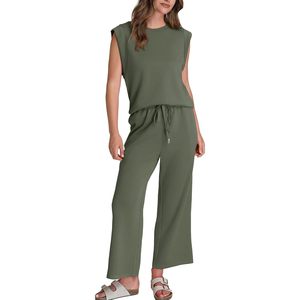 Conjuntos de dos piezas para mujer, informales, de verano, pantalones anchos, conjunto de descanso, sin mangas, cuello redondo, tejido transpirable. - Product Image 2
