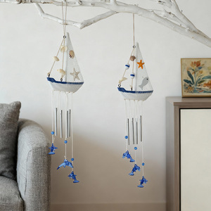 โมบายลมรูปเรือใบสไตล์ทะเล พร้อมปลาโลมาและเปลือกหอย ของตกแต่งบ้านสำหรับใช้ภายในและภายนอกอาคาร - Product Image 2