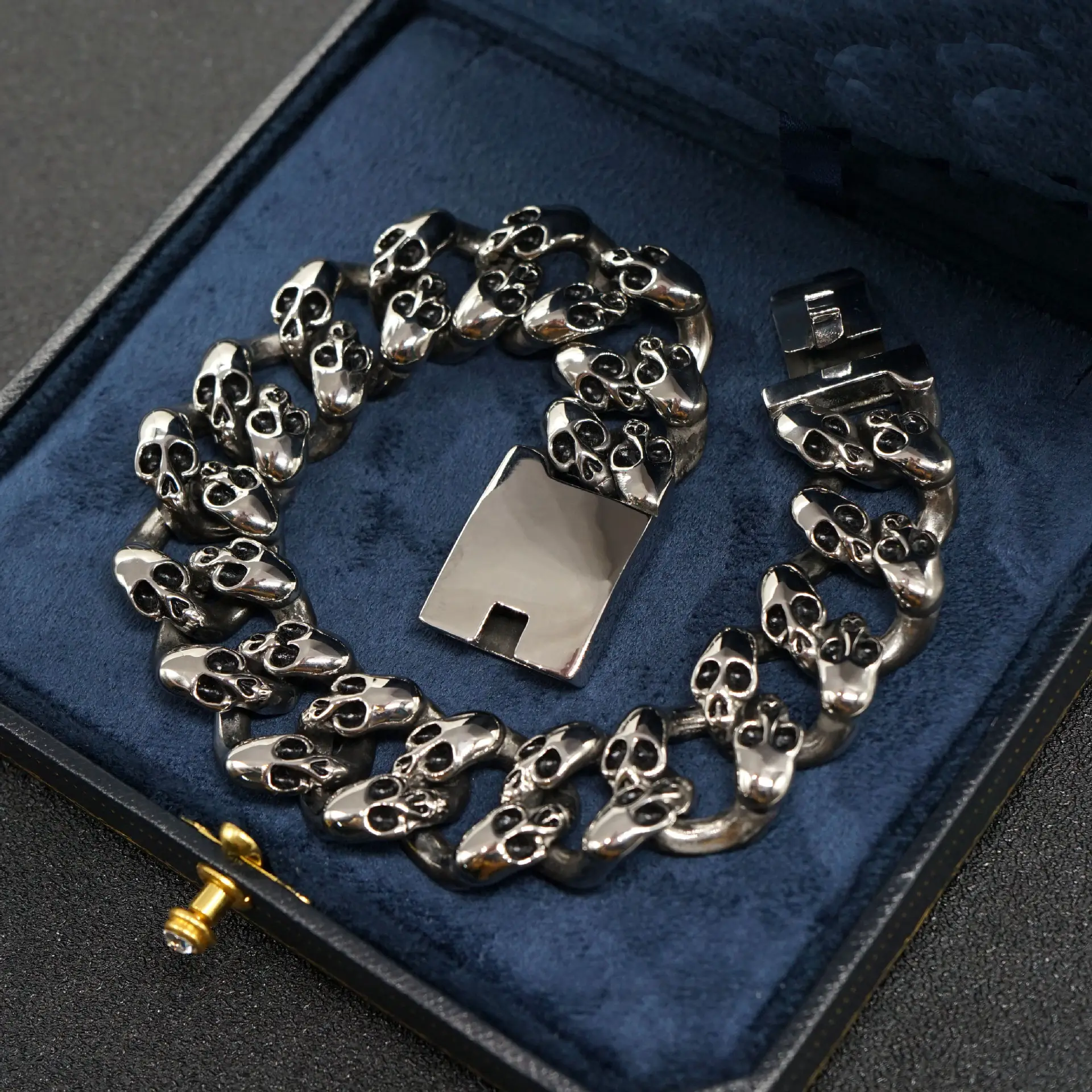 Men's Natural Stone and Diamond Bead Bracelet Stainless Steel Cuff with Skulls Skeleton Punk Design and Number Pattern