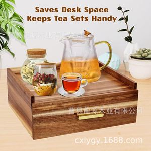 Boîte de rangement de bureau en bois, style tiroir, pour sachets de thé, sachets de sucre et autres accessoires de thé, avec trous pour accrocher une poignée. - Product Image 3