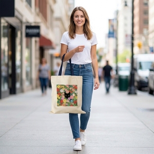 Sac fourre-tout en toile à imprimé animalier chat noir et floral pour femme - Grand format (>50cm) Design mignon pour l'école, le travail, la plage, les voyages, les courses - Product Image 3