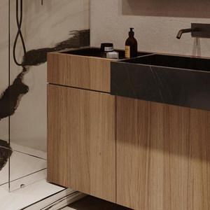 Simplified wood grain rock board integrated seamless basin intelligent <b>mirror</b> cabinet customized bathroom cabinet - Product Image 6