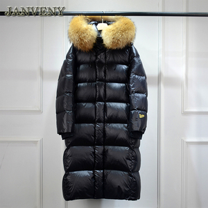 JANVENY 2023 Nouvelle veste d'hiver <span class=keywords><strong>brillante</strong></span> pour <span class=keywords><strong>femme</strong></span>, longue, rembourrée, avec grande <span class=keywords><strong>capuche</strong></span> en <span class=keywords><strong>fourrure</strong></span> de raton laveur naturelle, 90% duvet de canard, manteau brillant - Product Image 2