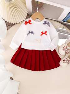 Conjunto <span class=keywords><strong>de</strong></span> Ropa para Niñas, Primavera, Blusa Blanca <span class=keywords><strong>de</strong></span> Manga Larga con Lazo, Falda Plisada Roja Vino, Dulce <span class=keywords><strong>y</strong></span> Lindo - Product Image 6