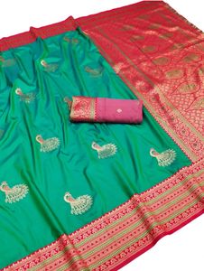 Soft Texture Green Silk <b>Saree</b> With Peacock Embroidery <b>Red</b> Border with Blouse Material For Wedding And Festival Wear - Product Image 3