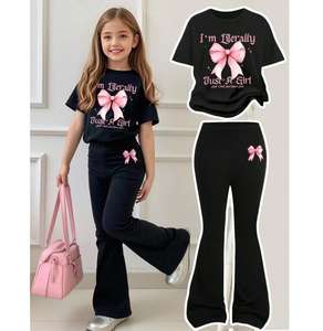 Completo Elegante Personalizzato <span class=keywords><strong>per</strong></span> <span class=keywords><strong>Bambina</strong></span>: T-Shirt Casual con Fiocco e <span class=keywords><strong>Pantaloni</strong></span> a Zampa, Abbigliamento Scolastico Estivo 4-7 Anni - Product Image 1
