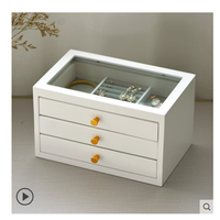 Boîte à bijoux en bois avec couvercle en verre pour cadeaux de Noël, organiseur de bijoux à 3 niveaux avec 3 tiroirs pour colliers, bagues, montres