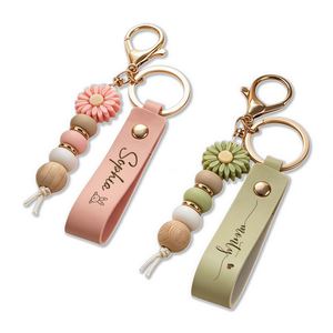 Customized Leather Daisy Beaded Keychains, <b>Engraved</b> Name <b>Keyring</b> Charm, Cute Bag Accessories for Women, Girls, and Best Friends - Product Image 1