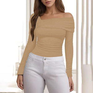 Camiseta de algodón Sexy para mujer con mangas largas y corte Irregular, Tops cortos con logotipo antibolitas, camiseta informal con cuello de hombro - Product Image 1