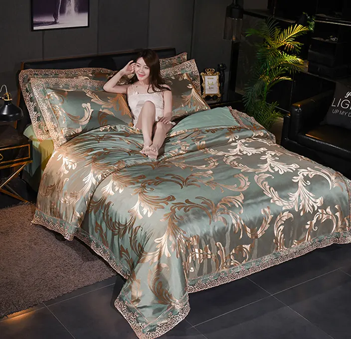 Châu Âu Phong Cách Sang Trọng Satin LỤA Khách Sạn Đẹp Tinh Tế Jacquard Bộ Đồ Giường Đặt Tấm Ga Trải Giường Duvet Cover Set