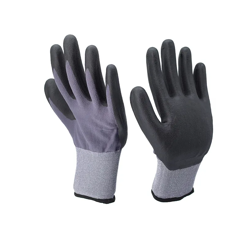 15G Grey Nylon And Spandex Black Nitrile Ultra Thin Finish Coated Work Micro Foam Nitrile Gloves